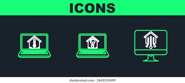 Set line Computer monitor with smart home, Laptop house temperature and and light bulb icon. Vector