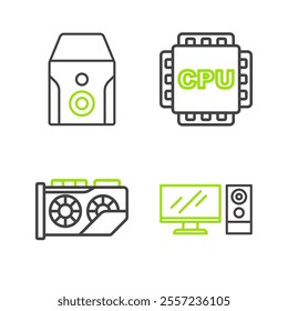 Set line Computer monitor, Video graphic card, Processor with CPU and Uninterruptible power supply icon. Vector