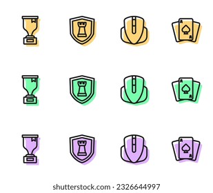 Setzen Sie die Linie Computer-Maus, Prämientiefe, Schachbrett und Kartenspiel-Symbol ein. Vektorgrafik