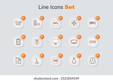 Set line Computer mouse, Bottle with magic elixir, VS Versus battle, Gear shifter, Case of computer, Game life bar, monitor and  icon. Vector