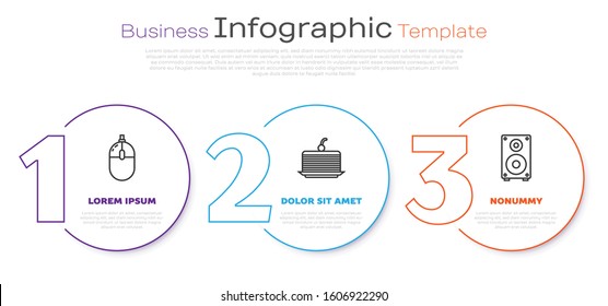 Set line Computer mouse, Cake and Stereo speaker. Business infographic template. Vector