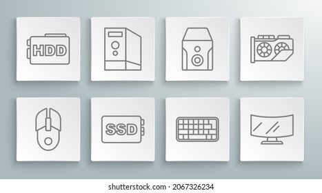Set line Computer mouse, Case of computer, SSD card, Keyboard, monitor screen, Uninterruptible power supply, Video graphic and Hard disk drive HDD icon. Vector