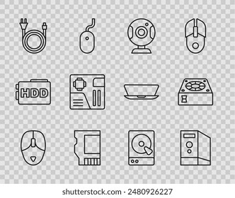 Set line Computer mouse, Case of computer, Web camera, SD card, Electric plug, Motherboard digital chip, Hard disk drive HDD and cooler icon. Vector