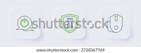 Set line Computer mouse, Chess shield and Power button icon. Vector