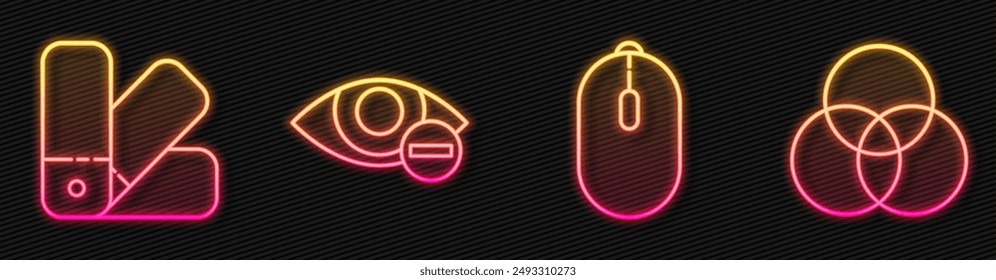 Ajuste de línea Ratón de ordenador, guía de paleta de colores, efecto de ojos rojos y mezcla de colores RGB y CMYK. Icono de neón brillante. Vector