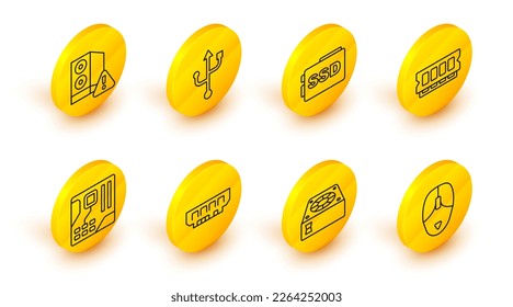 Set-Line Computer-Maus, Kühler, RAM, Speicher mit zufälligem Zugriff, Motherboard Digital-Chip, SSD-Karte, USB und Gehäuse des Computers Symbol. Vektorgrafik