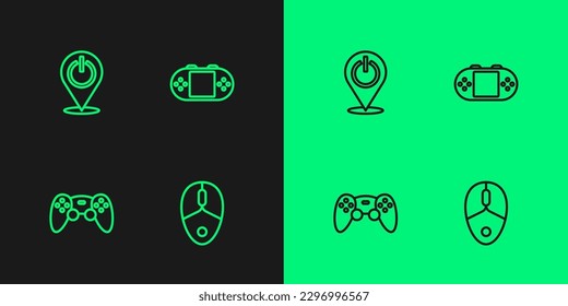 Set line Computer mouse, Game controller or joystick, Power button and Portable video game console icon. Vector