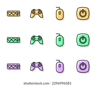 Set line Computer mouse, Game life bar, controller or joystick and Power button icon. Vector