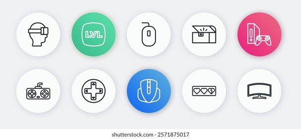 Set line Computer mouse, Game console with joystick, controller or, life bar, Chest for game, monitor and  icon. Vector