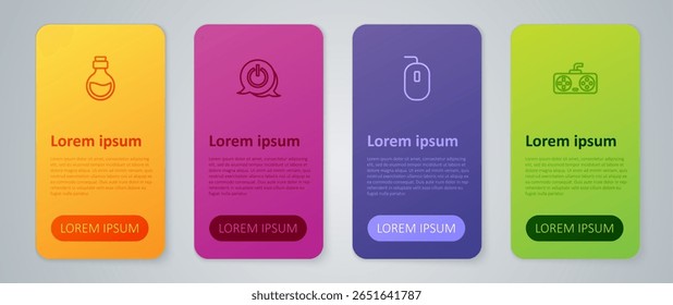 Definir linha Mouse de computador, controlador de jogo ou joystick, Garrafa com elixir mágico e botão de energia. Modelo de infográfico comercial. Vetor