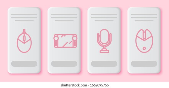 Set line Computer mouse gaming, Portable video game console, Microphone and Computer mouse gaming. White rectangle button. Vector
