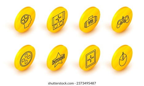 Set line Computer mouse gaming, Tablet, Star, Gamepad, Virtual reality glasses, Portable video game console and Head hunting concept icon. Vector