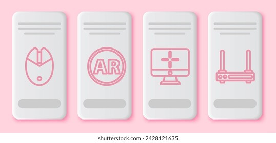 Set line Computer mouse gaming, Ar, augmented reality, Computer monitor and Router and wi-fi signal. White rectangle button. Vector