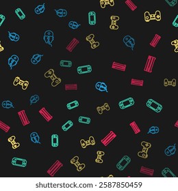 Set line Computer mouse gaming, Portable video game console, Gamepad and Video on seamless pattern. Vector