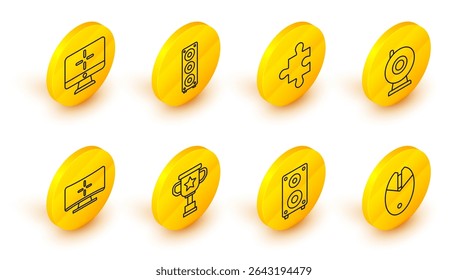 Set line Computer mouse gaming, Stereo speaker, Award cup, monitor, Web camera, Piece of puzzle,  and  icon. Vector
