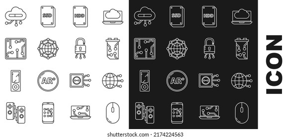 Set line Computer mouse, Global technology or social network, Video graphic card, Hard disk drive HDD, Processor, Internet of things and Lock on digital circuit board icon. Vector