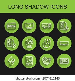 Set line Computer mouse, Hard disk drive HDD, Web camera, Keyboard, Laptop and  icon. Vector