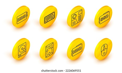 Set line Computer mouse, Hard disk drive HDD, SSD card, Motherboard digital chip, Keyboard and  icon. Vector