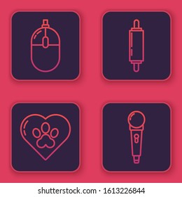 Set line Computer mouse, Heart with animals footprint, Rolling pin and Microphone. Blue square button. Vector