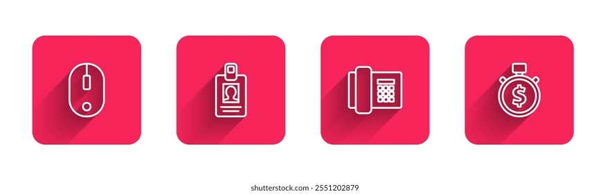 Set line Computer mouse, Identification badge, Telephone and Time is money with long shadow. Red square button. Vector