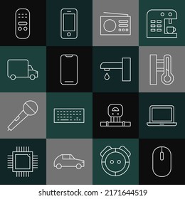 Set-Line Computer-Maus, Laptop, Meteorologie-Thermometer, Radio, Smartphone, Lieferwagen, Fernbedienung und Wasserhahn-Icon. Vektorgrafik