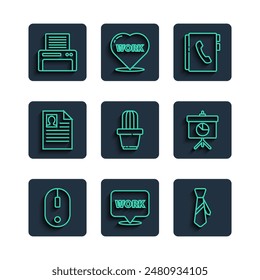 Set line Computer mouse, Location with text work, Tie, Address book, Cactus and succulent in pot, Resume, Printer and Chalkboard diagram icon. Vector