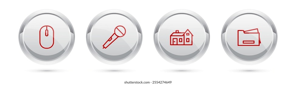 Set line Computer mouse, Microphone, House and Printer. Silver circle button. Vector