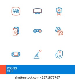 Set line Computer mouse, Microphone, Portable video game console, Game dice, Playing cards, controller joystick, rating with medal and monitor icon. Vector