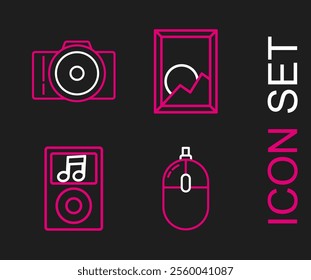 Set line Computer mouse, Music player, Picture landscape and Photo camera icon. Vector