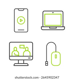 Set line Computer mouse, Online education, Laptop and play video icon. Vector