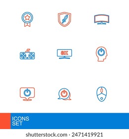 Set line Computer mouse, Power button, Game controller or joystick, monitor,  and Sword for game icon. Vector
