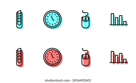 Establecer línea Ratón de ordenador, cuchillo de papelería, reloj y gráfico circular icono infográfico. Vector