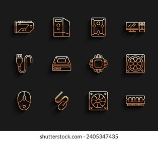 Set line Computer mouse, Video graphic card, cooler, RAM, random access memory, Optical disc drive,  and Processor with CPU icon. Vector