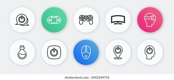 Set line Computer mouse, Virtual reality glasses, Bottle with magic elixir, Power button, monitor, Game controller joystick,  and  icon. Vector