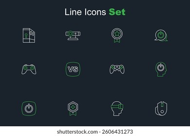 Set line Computer mouse, Virtual reality glasses, Game rating with medal, Power button, controller or joystick, VS Versus battle and  icon. Vector