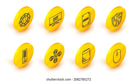 Set line Computer mouse, Voice assistant, Drone, Video game console, Cyber security, Hard disk drive HDD, Monitor display with 5k video and Project team base icon. Vector