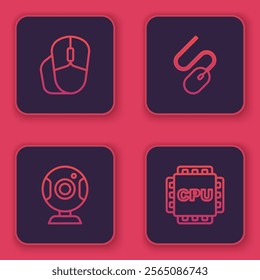 Set line Computer mouse, Web camera,  and Processor with CPU. Blue square button. Vector