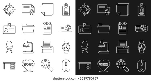 Set line Computer mouse, Wrist watch, Movie, film, media projector, Post note stickers, Document folder, Identification badge, Head hunting concept and Spiral notebook icon. Vector