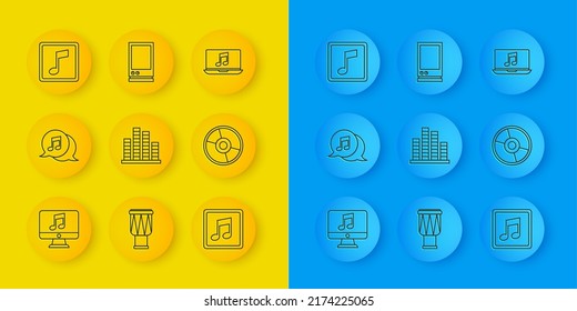 Set line Computer with music note, Musical in speech bubble, equalizer, tone, CD or DVD disk, Laptop and Voice assistant icon. Vector