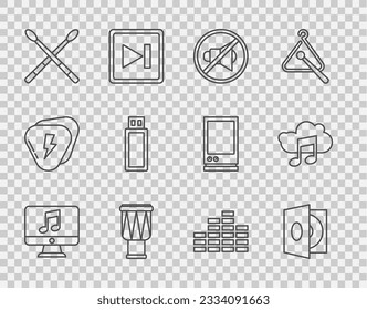 Set line Computer with music note, Vinyl player a vinyl disk, Speaker mute, Drum, sticks, USB flash drive, Music equalizer and streaming service icon. Vector