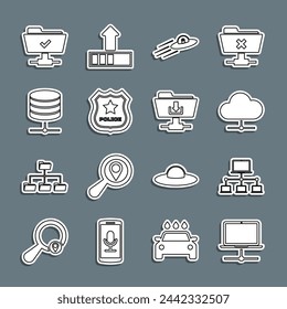 Set line Computer network, Network cloud connection, UFO flying spaceship and alien, Police badge, Server, Data, Web Hosting, FTP operation successful and folder download icon. Vector