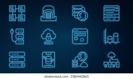 Set line Computer network, Data analysis, Network cloud connection, Cloud computing lock, Server, Hierarchy organogram chart, Loading data window and Hangar with servers icon. Vector