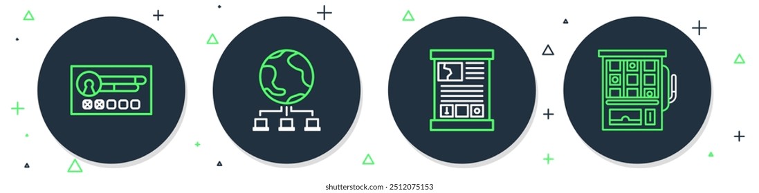 Definir linha Rede de computadores, Guia de jogos, tela Criar conta e ícone Máquina de fenda. Vetor