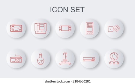 Set line Computer network, keyboard, Portable video game console, Video, Mobile and playing in, Cartridge, Bottle with magic elixir and Joystick for arcade machine icon. Vector