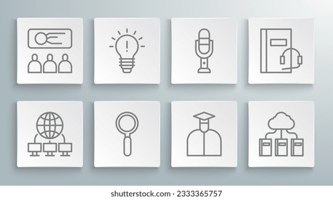 Set line Computer network, Light bulb with concept of idea, Magnifying glass, Student, Cloud online library, Microphone, Audio book and Training, presentation icon. Vector