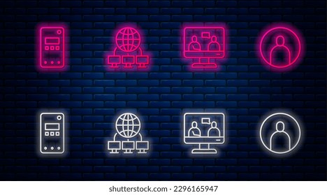 Set line Computer network, Online education, Mobile phone and Create account screen. Glowing neon icon on brick wall. Vector