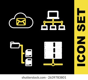 Set line Computer network, Server, Data, Web Hosting, Folder tree and Cloud mail server icon. Vector