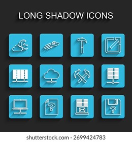 Definir linha Rede de computador, Documento desconhecido, Nuvem com lua e estrelas, Servidor de correio, Conexão em nuvem de rede, Servidor, Dados, Hospedagem Web e Dois martelos cruzados ícone. Vetor