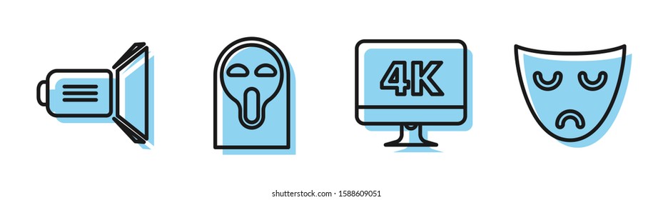 Set line Computer PC monitor with 4k video technology , Movie spotlight , Funny and scary ghost mask and Drama theatrical mask  icon. Vector