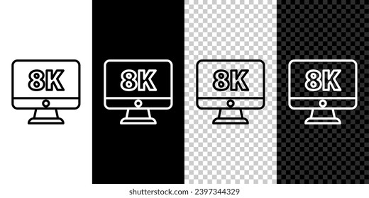 Set line Computer PC monitor display with 8k video technology icon isolated on black and white background.  Vector